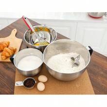 Stainless Steel Non-Slip Mixing Bowls With Pour Spout, Handle And Lid, Set Of 3, Black