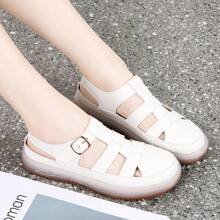 夏季新款女士厚底包头凉鞋，舒适防滑轻便休闲百搭软底透气绑带凉鞋 - 米色 - 查看 7