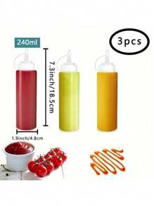 Juego de 3 botellas exprimibles de silicona para salsas - Sin PVC, fácil de dispensar salsas, condimentos, jarabes - Perfecto para cocinas, parrillas, picnics, camping