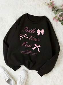 粉色蝴蝶结印花黑色运动衫，春季女士街头家居优雅柔和图案连帽衫，长袖圆领休闲上衣 - 黑色 - 查看 3