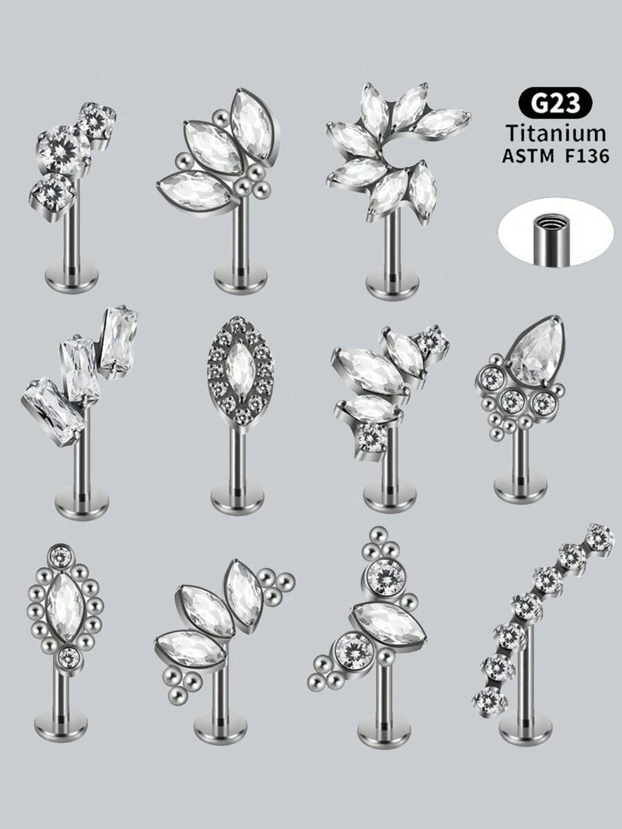 1PC Horse Eye Marquise Zirconia Pave Labret Lip Stud Cartilage Hoops Earring Titanium Alloy Internal Thread Arc Water Drop Piercing HelixTragus Lobe Ear Stud Unisex - Titanium Color - View 1