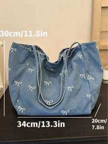 New Korean Casual Fashion Versatile Blue Highly Attractive Bow Washed Canvas Tote Bag For Commuting, Travel, Shopping, Student Back To School, Large Capacity Sweet Lady Handbag, Artistic Style School Bag & Book Bag For Women Or Students, Perfect For Books, Shopping, Back To School And More, Fashionable Bow Purse For Women