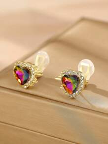 1 Pair Fashion Crystal Heart Clip-On Earrings For Women, No Pierced Ear, High-End Elegant Design, Slimming, Suitable For Daily Wear And Gift - Heart Earrings - View 10