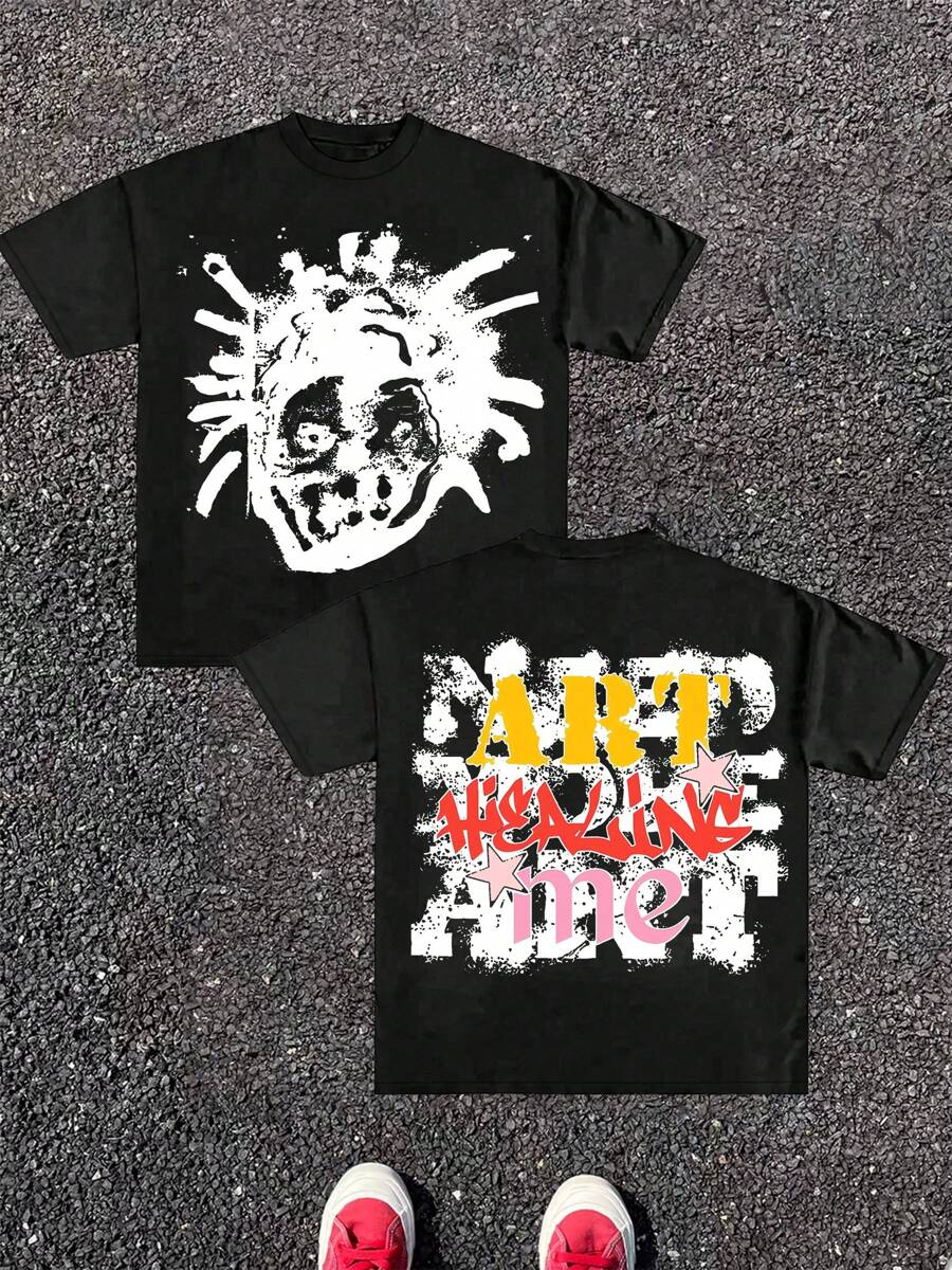 (220g Pure Cotton T-Shirt)  Men's Summer Round Neck Short Sleeved Casual Pure Cotton Print ART HIEALING ME