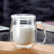 Taza de café de vidrio aislada de doble capa con asa, taza aislada de doble pared con tapa, disponible en tamaños de 250ml/350ml/450ml, adecuada para café, capuchino, latte, bebidas calientes y frías, ideal para el Día de la Madre, Pascua, Navidad, reuniones familiares, fiestas de cumpleaños