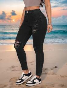 Jeans Ajustados Mezclilla, Moda Casual para Mujer, Diseño Desgastado, Juvenil. Pantalón vaquero sexy elástico negro - Negro - Ver 4