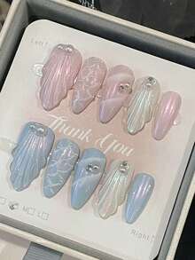 10 件/套手工美人鱼贝壳可拆卸 3D 假指甲，奢华优雅女王风格适合高端派对、圣诞节、节日 - 淺藍色 - 查看 3