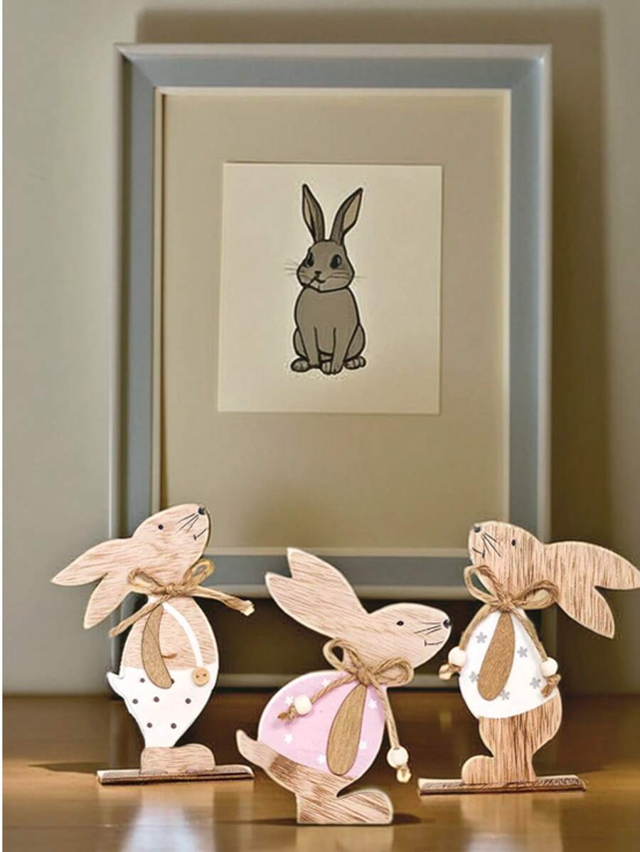 LIXUN 3 buc Iepuraș de lemn Ornamente de artizanat Iepuraș de Paște din lemn de birou Mese de iepuraș neterminat Semne din lemn pentru decorarea interioară a primăverii de Paște - Multicolor - Vizualizare 1
