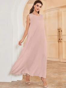 Vestido casual recatado de un solo color con cuello redondo y sin mangas