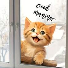 1pc Cute Brown Cat Window Sticker, Transparent & Opaque White Background With Open Mouth Yellow Cat Window Decoration Sticker, No Adhesive Residue & Fading, High-End Animal Sticker., Stickers, Wall Decal, Vinyl Decal For Home Decorations, Spring Decoration Items Refresh Your Home, Festival Decoration Stickers Gifts Birthday Graduation