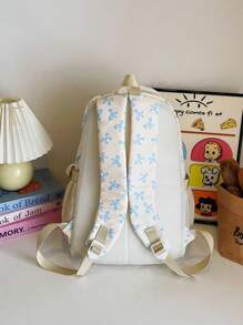 3 件套米色尼龙蝴蝶结印花多口袋可折叠防水拉链背包，适合青少年、高中生/大学生、女士日常、上学、培训、通勤、购物、旅行、情人节礼物 - 米色 - 查看 3