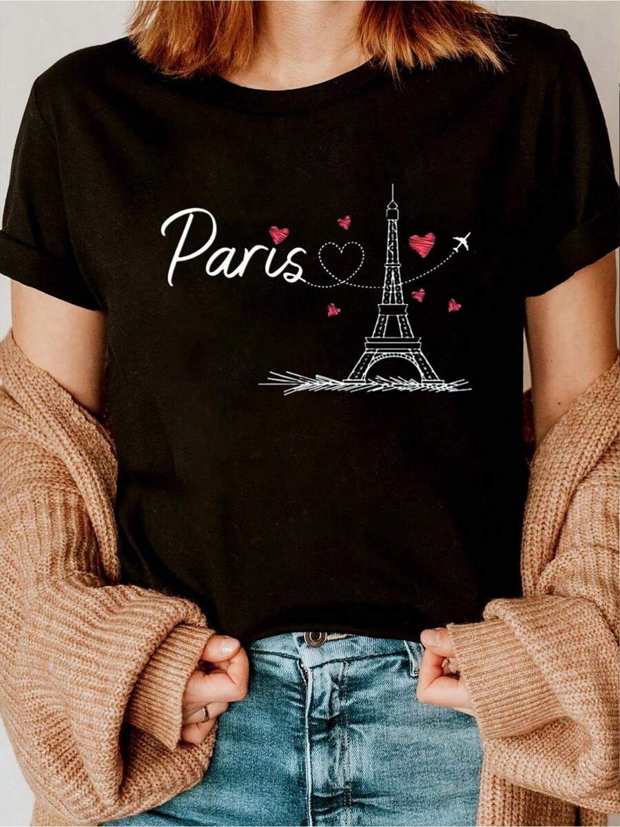 Paris France Travel Souvenir Gift Men Women Eiffel Tower T Shirts Printed T-Shirt, Short-Sleeved Crew Neck Casual Top, Suitable For All Seasons, Women's Wear- Comfortable, Relaxed Fit, Printed Graphic Tee For  Sport Lovers - Black - View 1