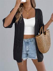 Women Beach Lace Crochet Short Sleeve Knit Cardigan Cover Up Solid Summer Vacation Boho Lightweight - Black - View 5