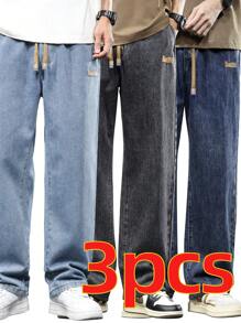 3 confezioni di jeans larghi a vita elastica con coulisse, lavati e delavati, adatti per abbinamenti quotidiani, jeans a gamba ampia con tasche, blu, grigi, neri