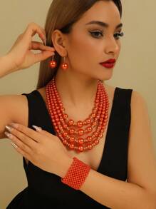 Conjunto de joyas bohemias hechas a mano con múltiples capas de cuentas tejidas de manera exagerada (collar, aretes, pulsera) para mujer - Estilo europeo, adecuado para eventos formales, fiestas, vacaciones