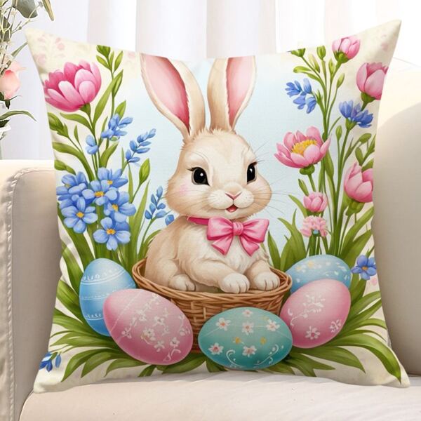 1 peça capa de almofada de ovo de coelho colorido de primavera de Páscoa - portátil, removível, fácil de limpar, almofada confortável e macia