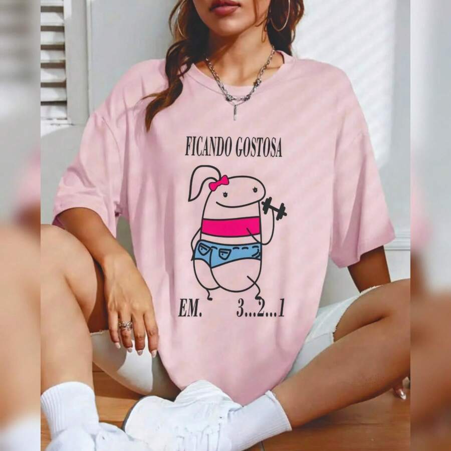 CAMISETA FEMININA, BLUSA FRASES DE ACADEMIA, (FICANDO GOSTOSA) - Rosa - Visão 1