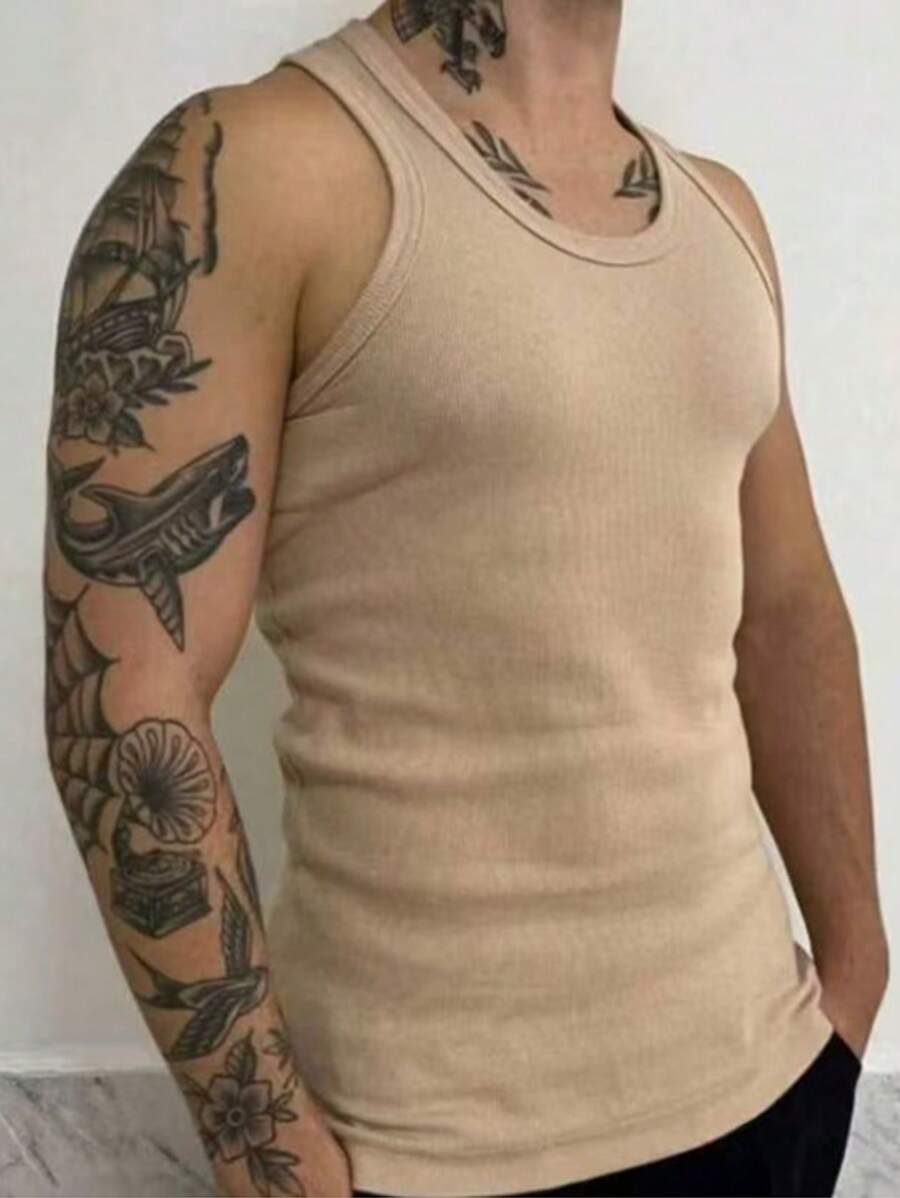 Men's American Style Ribbed Knit Tank Top - Màu Khaki - Xem 1