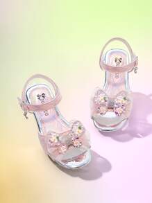 1 Pair Children Bow Rhinestone Decor Glittery High Heel Sandals - Pink - View 3