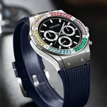 MSCXDK 4pcs/Set Top Brand Men's Quartz Watches, Conceptual Dial Design Silicone Strap Casual Military Sport Wristwatches With Jewelry Accessories Cross Necklace Bracelet Ring Set (No Box)