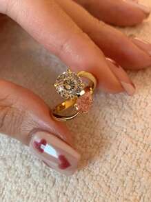 1pc Fashion Pink Cubic Zirconia Gold Open Ring, Suitable For Women's Daily Wear