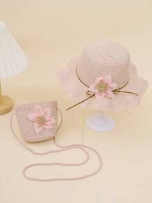 2pcs Kids Spring/Summer Straw Hat & Straw Bag Set, Cute Floral Sun Ion Hat - 2pcs - View 1