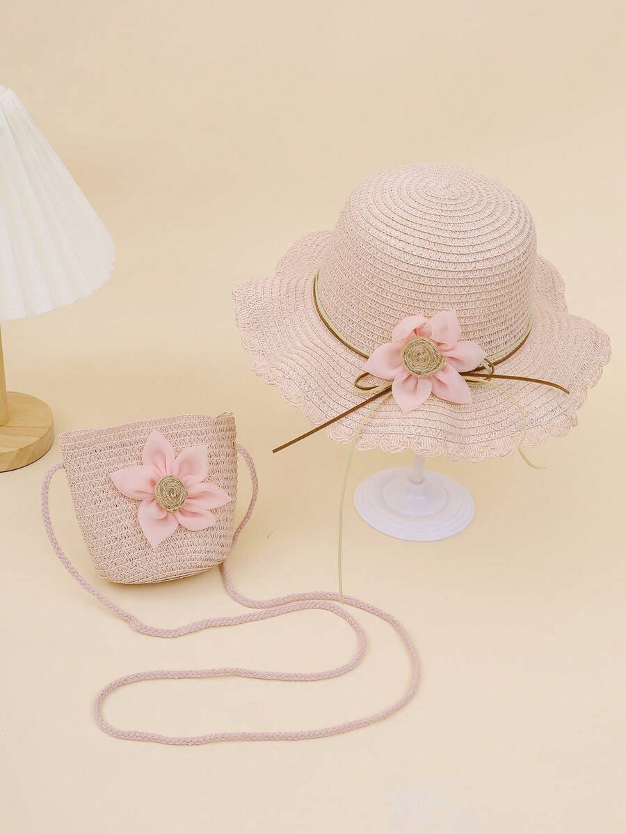 2pcs Kids Spring/Summer Straw Hat & Straw Bag Set, Cute Floral Sun Ion Hat - 2pcs - View 1