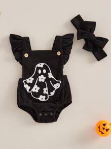 Infant Newborn Baby Girl Halloween Outfits Ruffle Sleeveless Corduroy Overalls Romper Ghost Suspender With Headband - 黑色 - 查看 2
