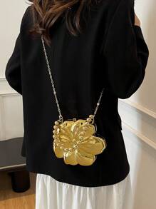 A Golden Solid Color Crossbody Shoulder Bag With Detachable Chain, Magnetic Buckle Unlined Handbag, Y2K Style Acrylic Flower Dinner Bag, Suitable For Women, Exquisite Floral Bag For Women , Gold Bag - Gold - View 9