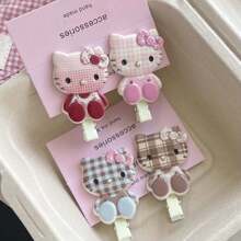 Sanrio 4pcs Large Plaid Sitting Posture KT Pointed Nose Clip Ins Girl Heart Versatile Japanese Bangs Side Clip Cartoon Headpiece For Girls