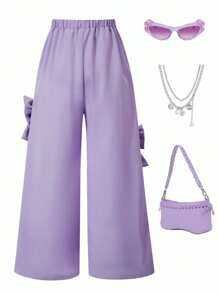 Estos pantalones anchos de color rosa dulce y elegantes, casuales y sencillos, decorados con un lazo, son adecuados para que las niñas los usen al aire libre, en fiestas, en el campus y en el uso diario en primavera y otoño. - Morado - Ver 3