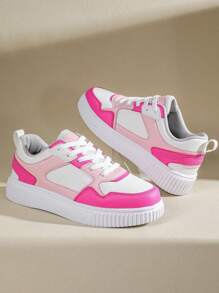 Damskie wygodne, antypoślizgowe, minimalistyczne, wielokolorowe, płaskie, sznurowane, niskie, codzienne trampki z okrągłym noskiem, białe i różowe, mieszane kolory, odpowiednie do dojazdów do pracy, biznesu i spacerów rekreacyjnych - Wielokolorowe - Zobacz 3