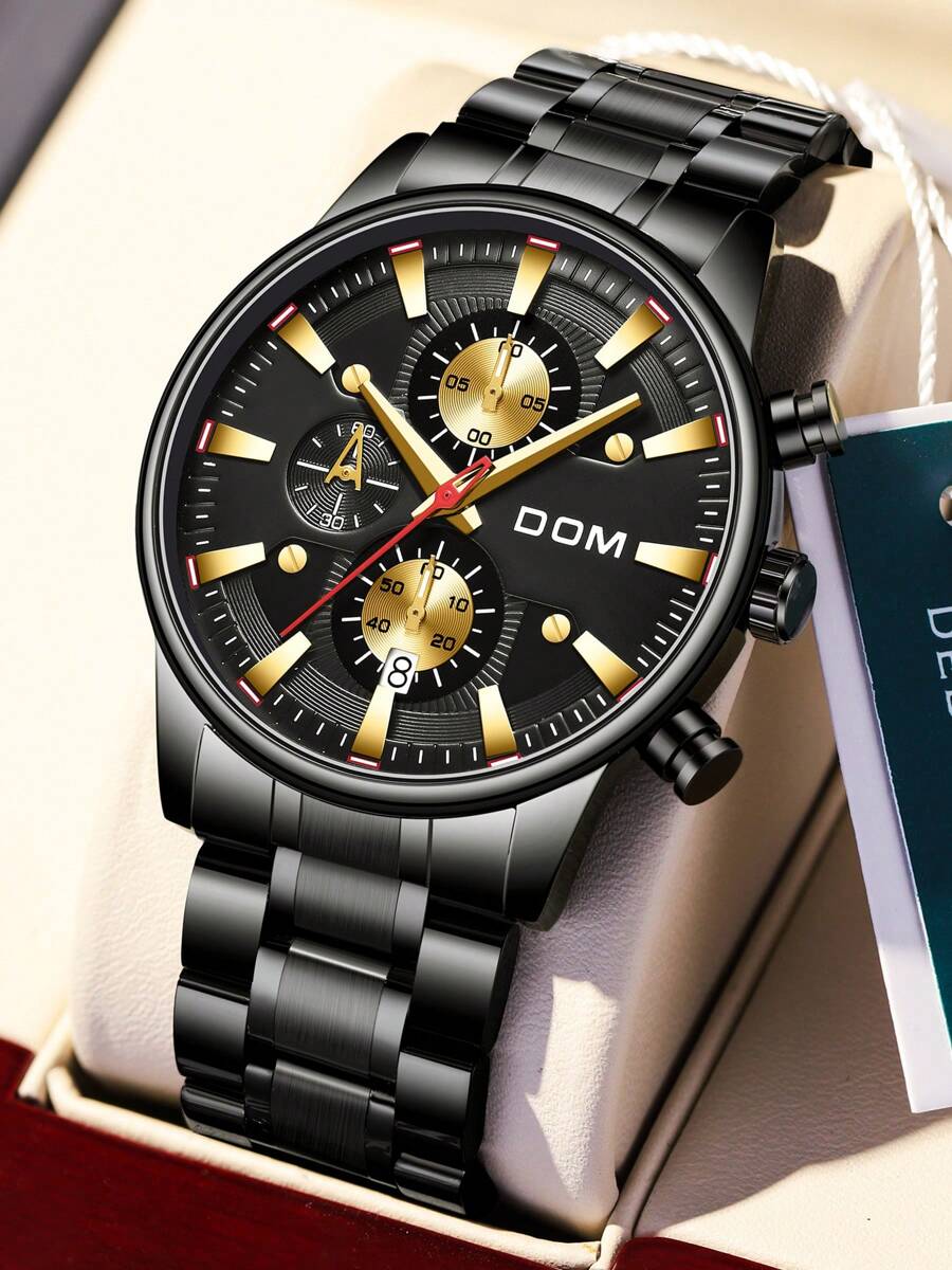 DOM 1 件男式黑色不锈钢多功能计时码表带日历，防水，时尚运动风格 - 黑色 - 查看 1