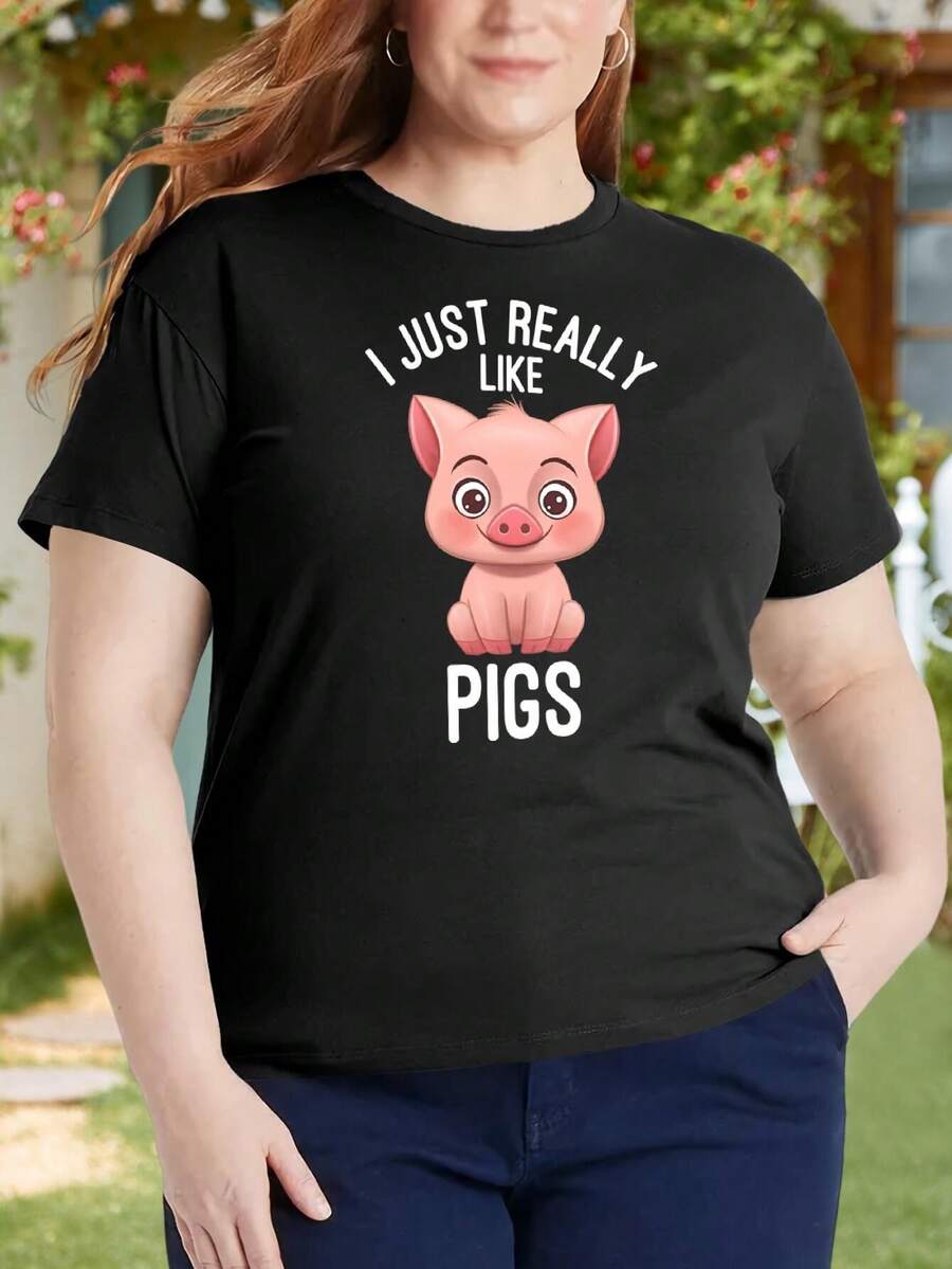 I Just Really Like Pigs - Cute Kawaii Chibi Pig Lover Oversized Oversize Women T-Shirt For Ladies - Black - View 1