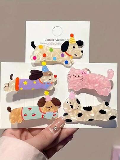 5个可爱卡通发夹套装，包含狗狗和猫咪图案，非常适合女孩用鳄鱼夹固定侧刘海。 学习用品，发饰