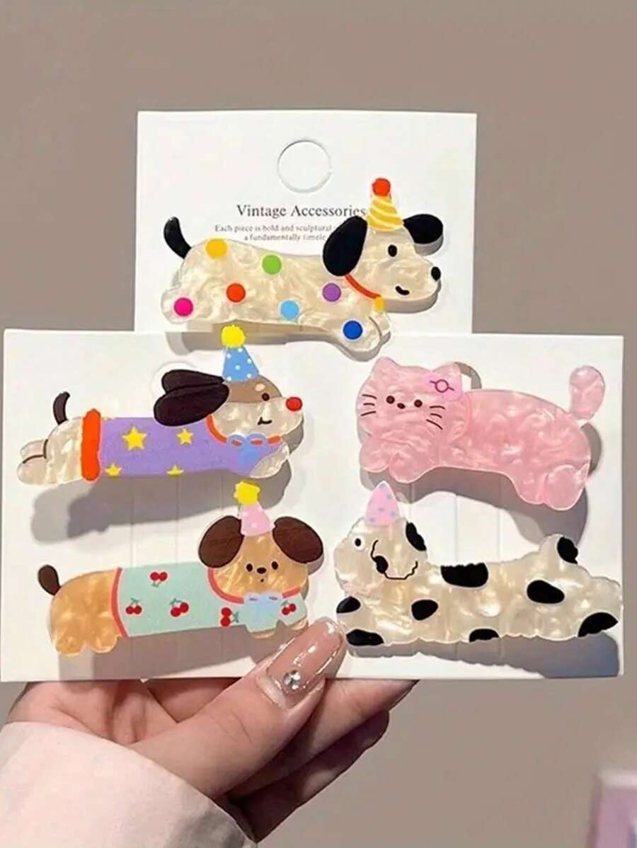 5个可爱卡通发夹套装，包含狗狗和猫咪图案，非常适合女孩用鳄鱼夹固定侧刘海。 学习用品，发饰 - 彩色 - 查看 1