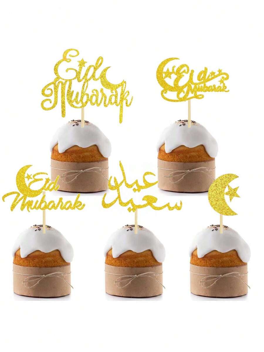 5PCS Ramadan Moon Star Cupcake Toppers,Ramadan Decorations For Home,Gold Glitter Party Ramadan Decor On The Moon Cake