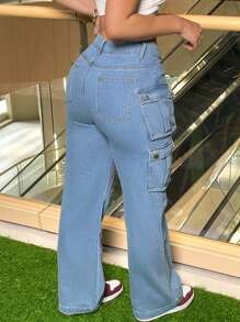 Plus Size Women's Utility Pocket Straight Leg Jeans - 淺色水洗藍 - 查看 3