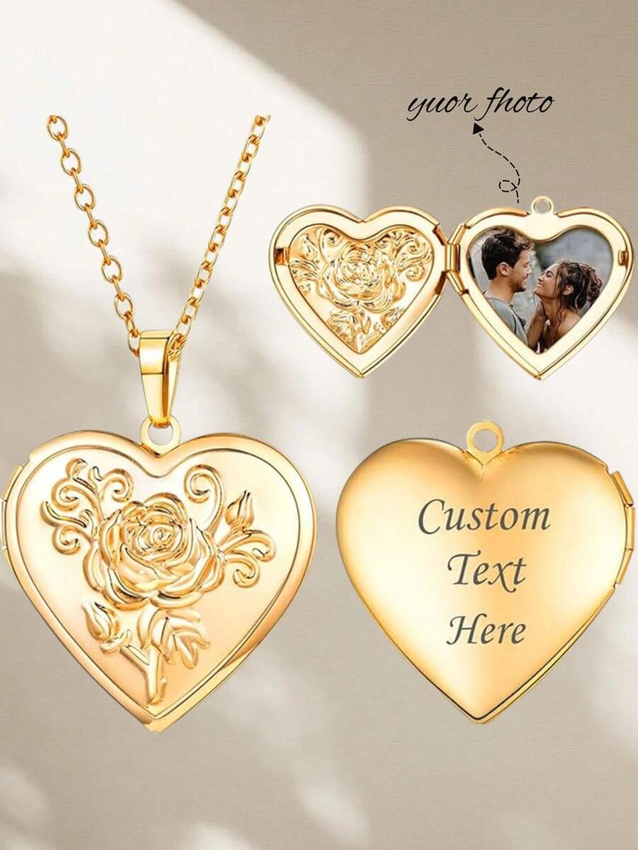 Customized Personalized Picture Name Necklace, Heart-Shaped With Flower Polished Surface Suitable For Women And Girls, Silver Yellow Gold Electroplated Pendant, Valentine's Dayother's Day Anniversary/Birthday Personalized Gift - Photo Box - View 1