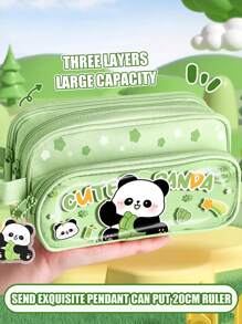 1 Large-Capacity Pencil Case, Cute Cartoon, Three-Layer Canvas Stationery Box For Students, High Appearance Level, Dirt-Resistant Pencil Case, Transparent Visible Hand-Held Stationery Bag, Washable Storage Bag,Pencil Pouch,School Bag, School Supplies,Back To School