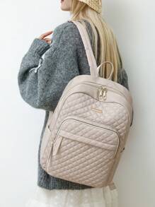 Women Nylon Plain Quilted Large Capacity Versatile Backpack, Simple Casual Student Laptop Bag, Commuter Travel Rucksack, Back To School, School Essential Stuff For Women, Girls & Students - Beige - View 5