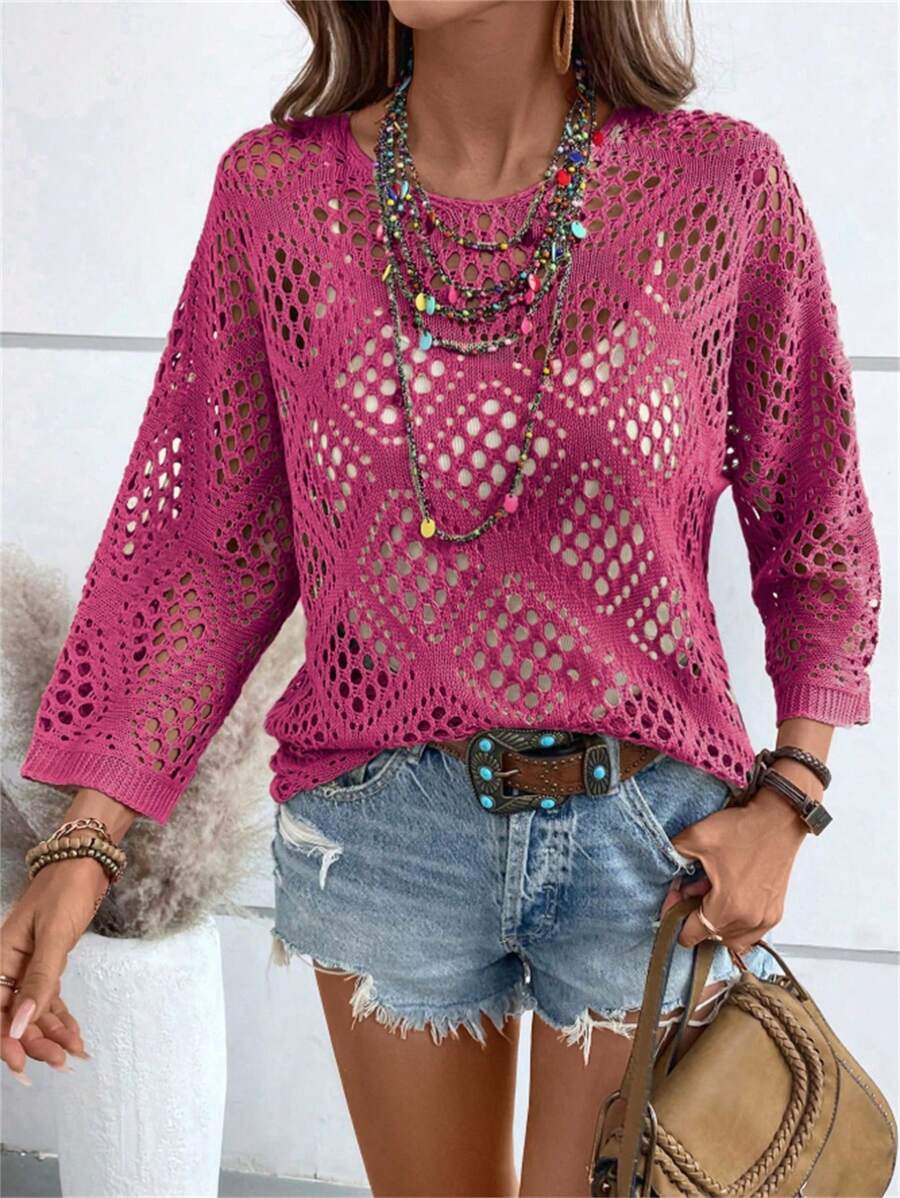 Women V-Neck Rhombic Hollow-Out Batwing Sleeve Knit Cover Up, Spring/Summer - Rose Red - View 1