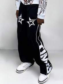 Men's American Street Style Retro Street Dance Brand Star & Letter Print Wide Leg Pants, Jazz Dance Colorblock Design Loose Casual Drawstring Outdoor Pants, Suitable As Gift For Husband/Boyfriend - Black - View 2