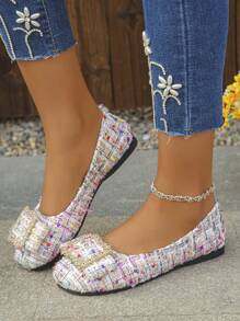 New Fashion Versatile Mary Jane Flats With Colorful Metallic Flower Buckle Decor, Round Toe, Casual Slip-On Soft Bottom Ballet Shoes For Women, Random Pattern - Pastel - View 5