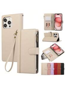 1 件时尚商务高档奢华拉链防摔防滑防尘多卡位压花款手机壳适用于 12 13 14 15 16promax GalaxyS22 S23 S24 防水防震防刮全覆盖 - 米色 - 查看 10