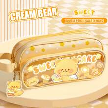 1 Large-Capacity Pencil Case, Cute Cartoon, Three-Layer Canvas Stationery Box For Students, High Appearance Level, Dirt-Resistant Pencil Case, Transparent Visible Hand-Held Stationery Bag, Washable Storage Bag,Pencil Pouch,School Bag, School Supplies,Back To School