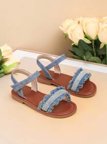1 Pair Fashion Cute Denim Fringe Rhinestone Flat Outdoor Sandals, Suitable For Summer