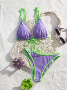 New Soft Front-Tie Adjustable Dual Skinny Strap Backless Beach Party Spaghetti Strap Bikini Set, Summer Beach Fashionable Elegant Ladies Swimwear