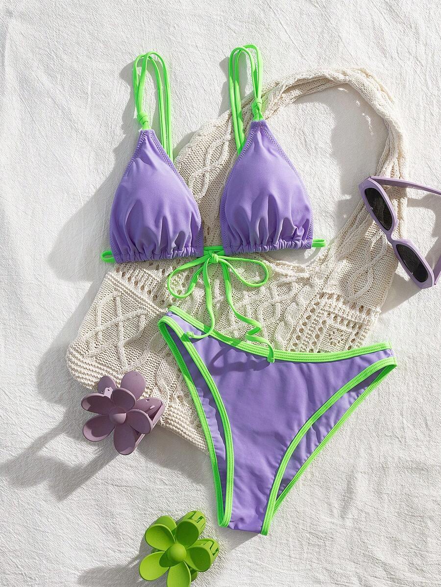 New Soft Front-Tie Adjustable Dual Skinny Strap Backless Beach Party Spaghetti Strap Bikini Set, Summer Beach Fashionable Elegant Ladies Swimwear