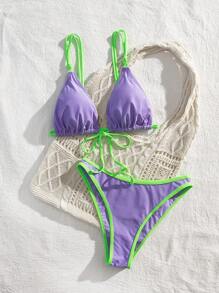 New Soft Front-Tie Adjustable Dual Skinny Strap Backless Beach Party Spaghetti Strap Bikini Set, Summer Beach Fashionable Elegant Ladies Swimwear